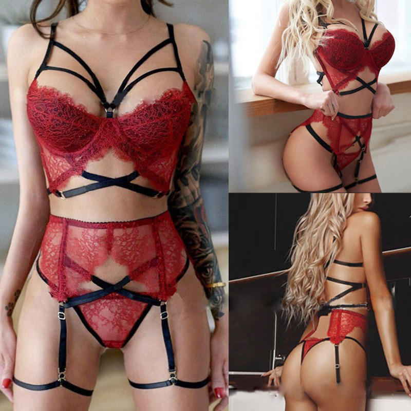 Women sexy underwear 3-piece one-piece suit with garters