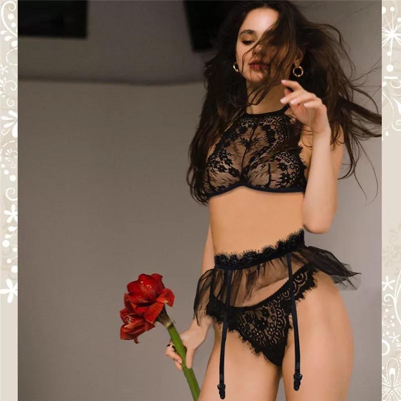 Eyelash flower lace women transparent underwear 3-piece sexy underwear